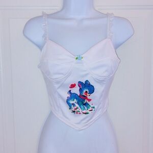 SHEIN White Corset Top with Blue Lamb Graphic and Lace Straps